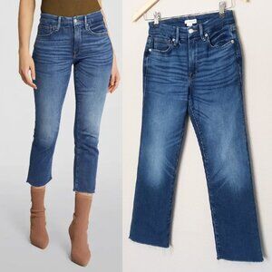 Good American Good Petite Straight Blue Jeans Raw Fray Hem Size 6/28 Indigo $125